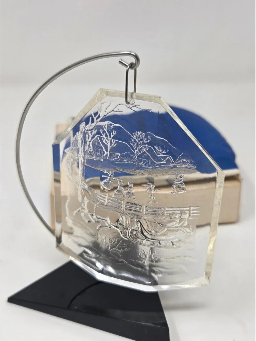 Vintage Currier And Ives Crystal Clear Decorations Etched Ornament With Stand